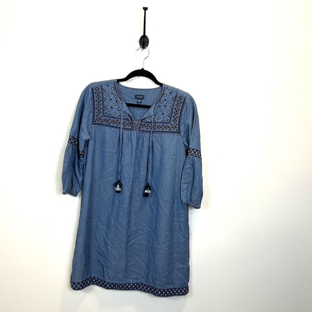 J. Jill‎ Denim XS Petite Embroidered Chambray Boho Dress Tassel Tencel